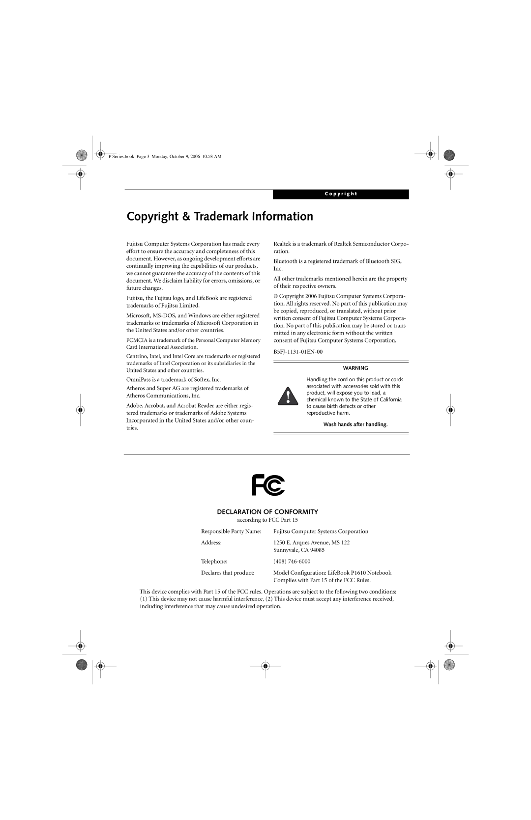 Fujitsu P1610 manual Copyright & Trademark Information, Declaration of Conformity, Complies with Part 15 of the FCC Rules 