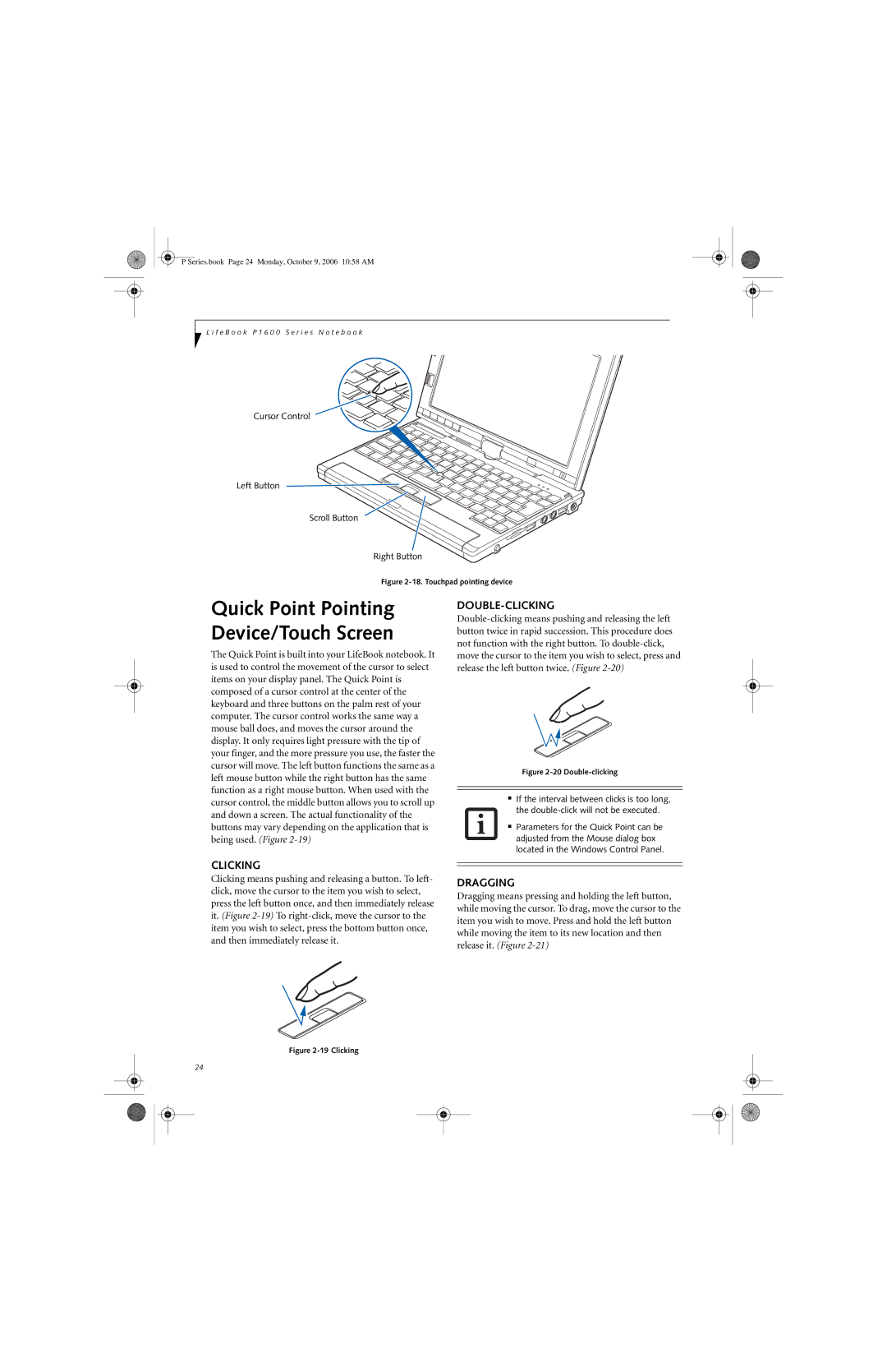 Fujitsu P1610 manual Double-Clicking, Dragging 