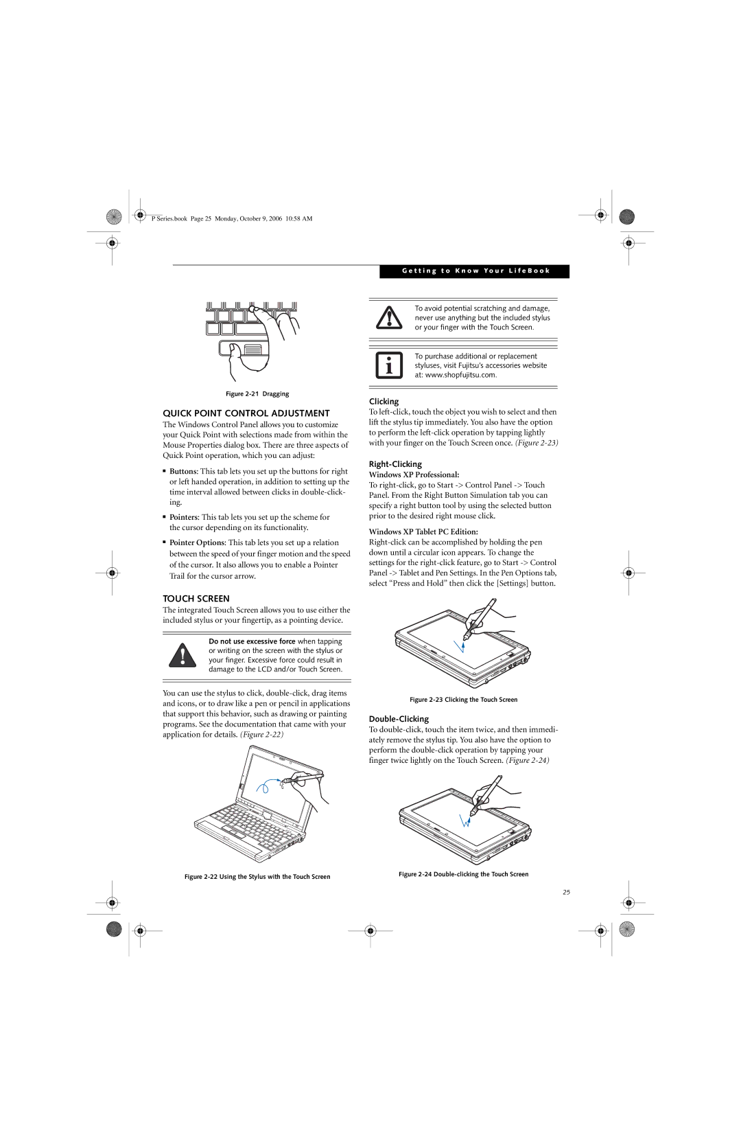 Fujitsu P1610 manual Quick Point Control Adjustment, Touch Screen, Right-Clicking, Double-Clicking 