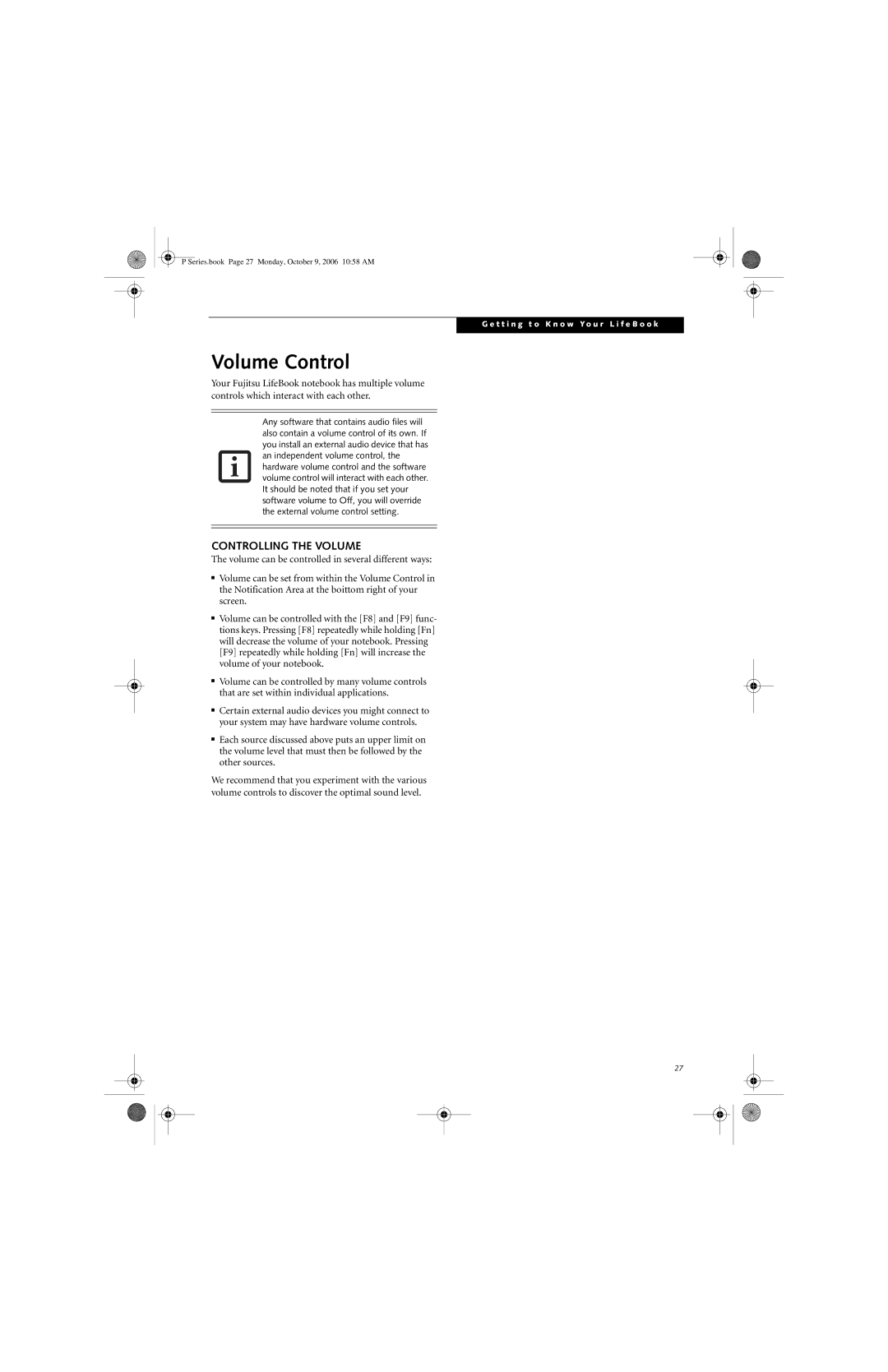 Fujitsu P1610 manual Volume Control, Controlling the Volume 