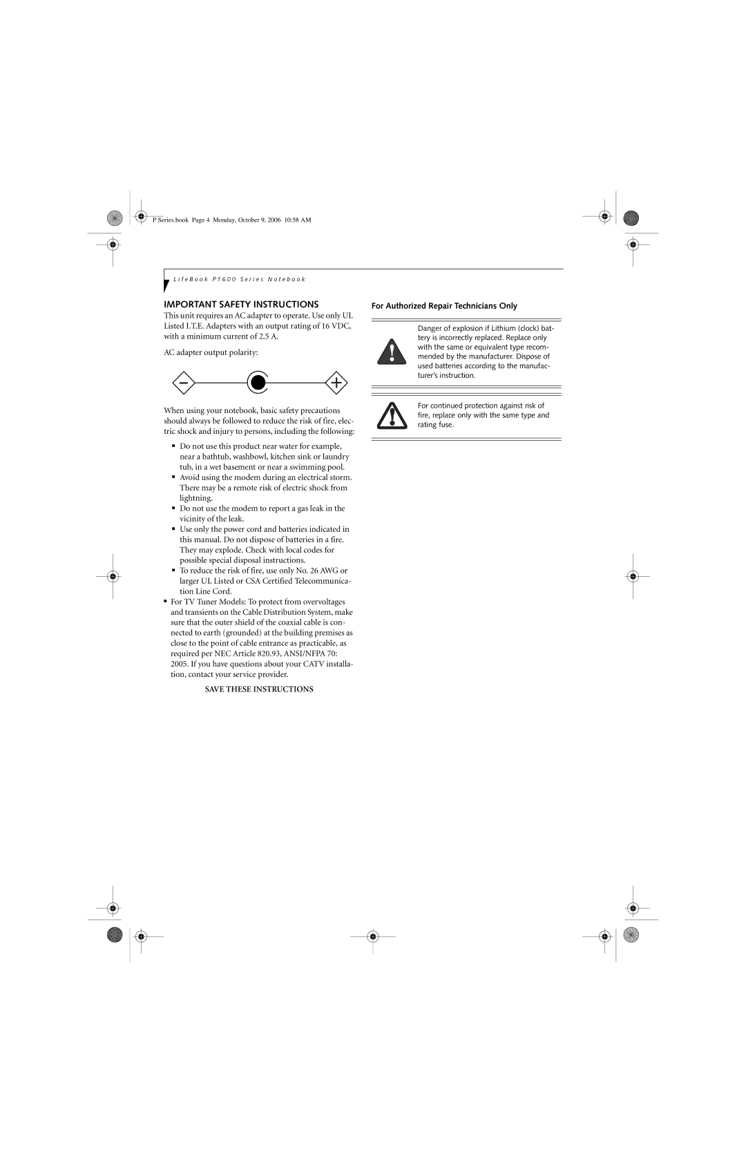 Fujitsu P1610 manual Important Safety Instructions, For Authorized Repair Technicians Only 