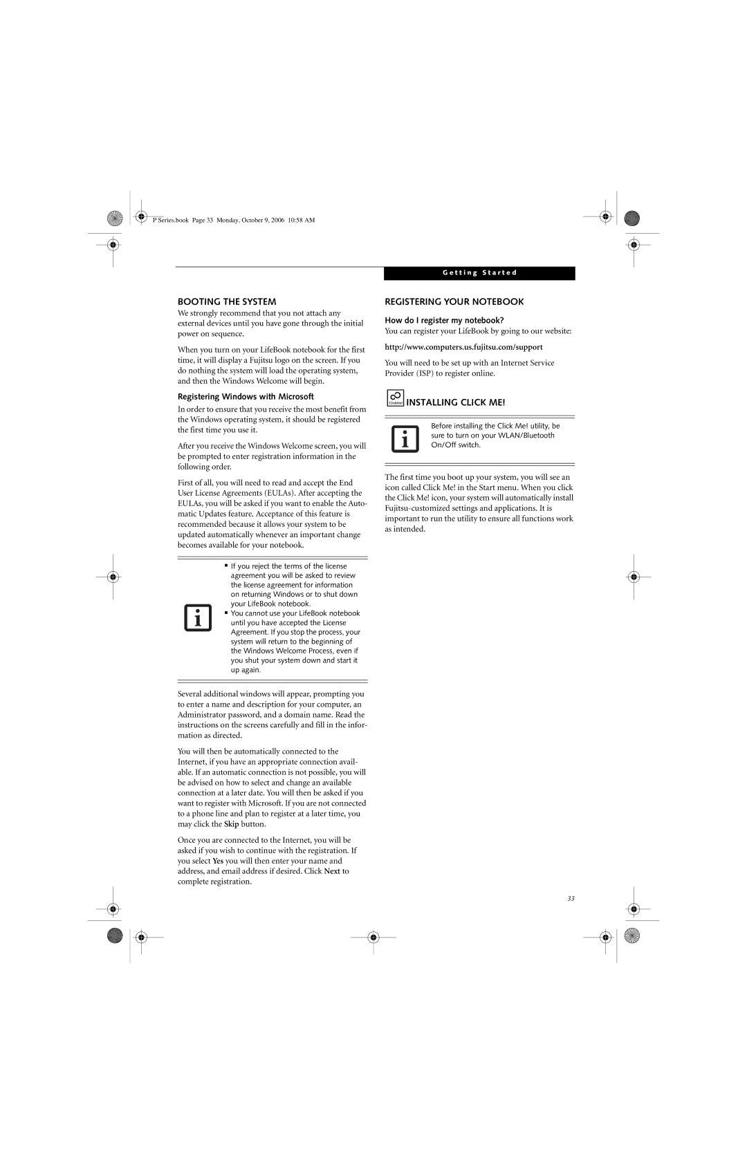 Fujitsu P1610 manual Booting the System, Registering Your Notebook, Registering Windows with Microsoft 