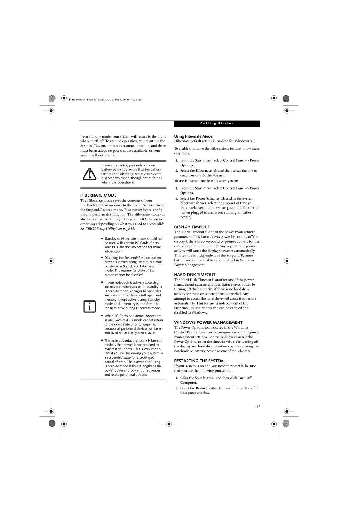 Fujitsu P1610 manual Hibernate Mode, Display Timeout, Hard Disk Timeout, Windows Power Management, Restarting the System 