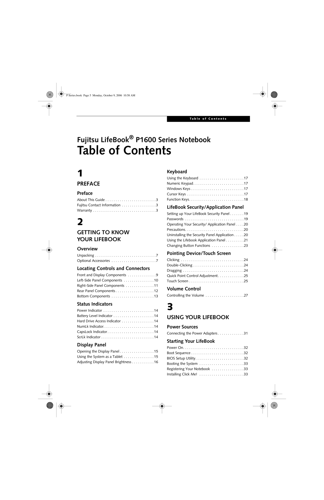 Fujitsu P1610 manual Table of Contents 