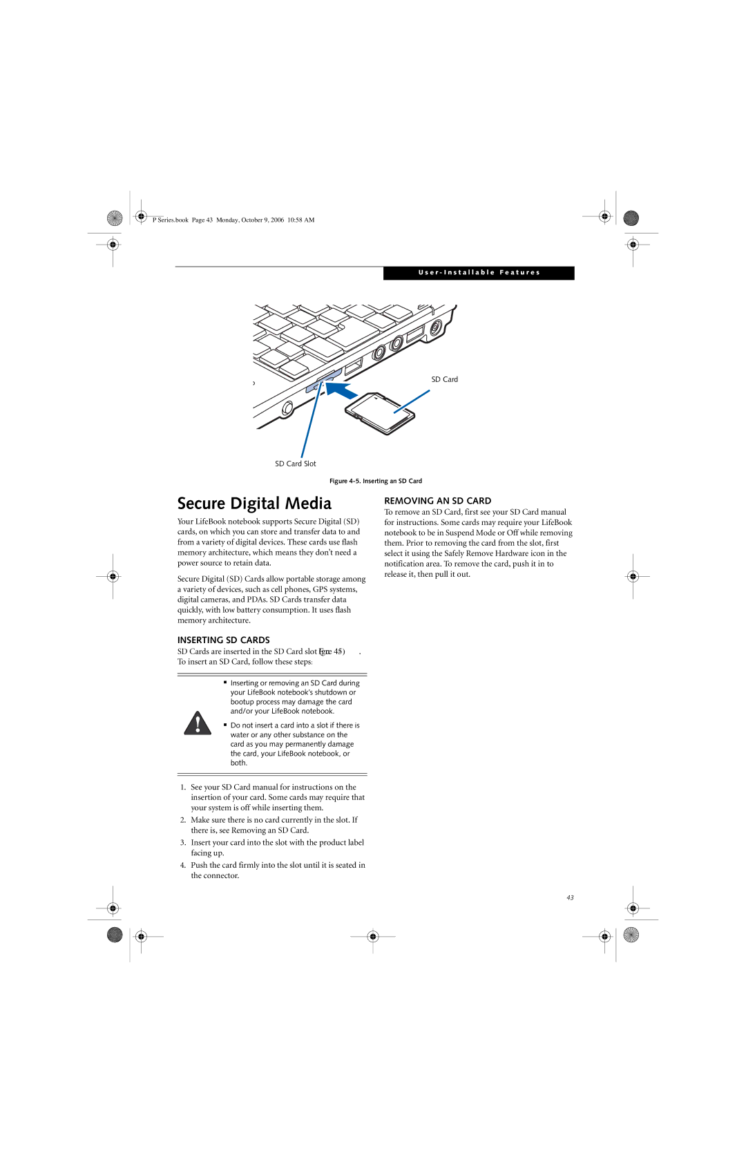 Fujitsu P1610 manual Secure Digital Media, Removing AN SD Card, Inserting SD Cards 