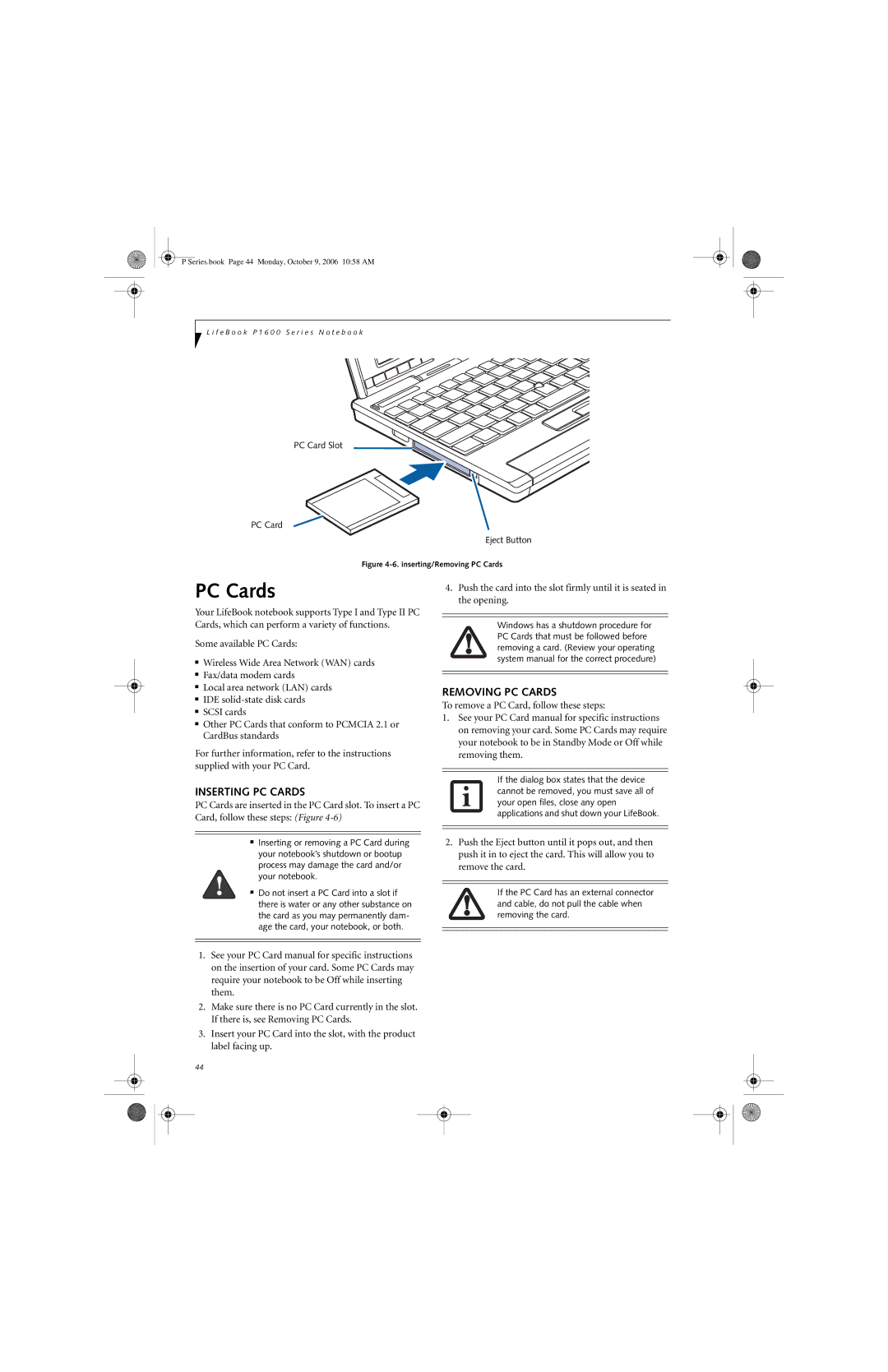 Fujitsu P1610 manual Inserting PC Cards, Removing PC Cards 