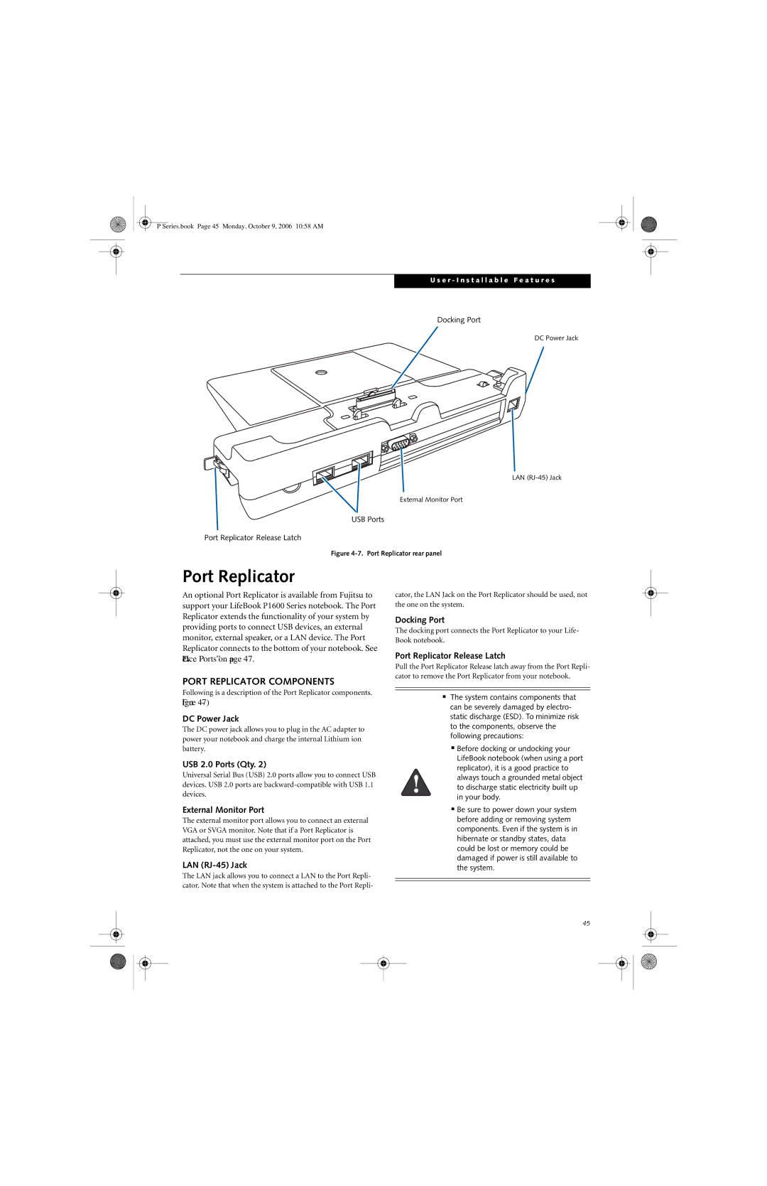 Fujitsu P1610 manual Port Replicator Components 