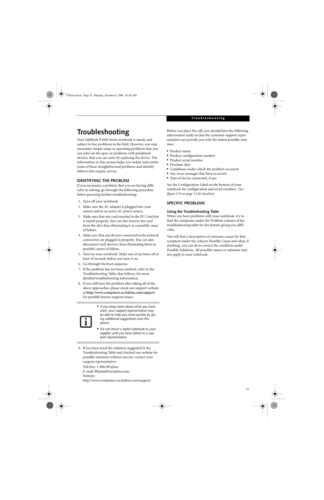 Fujitsu P1610 manual Identifying the Problem, Specific Problems, Using the Troubleshooting Table 