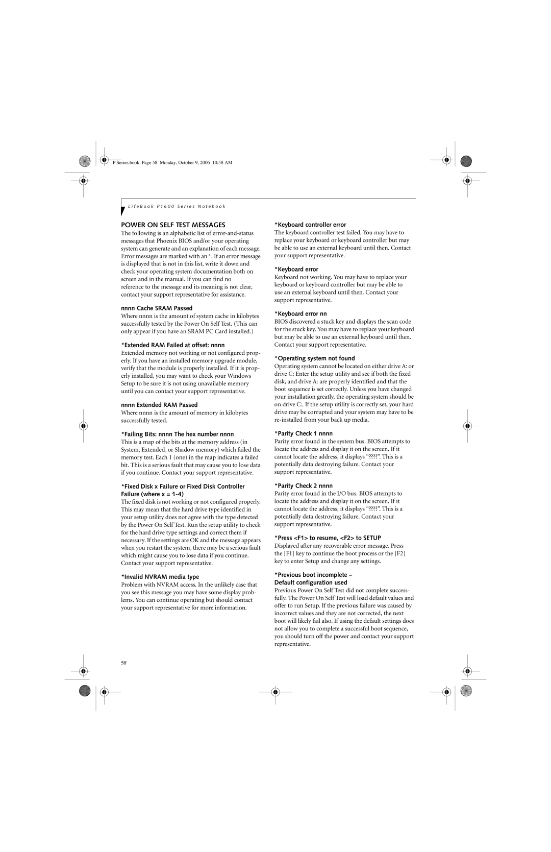 Fujitsu P1610 manual Power on Self Test Messages 