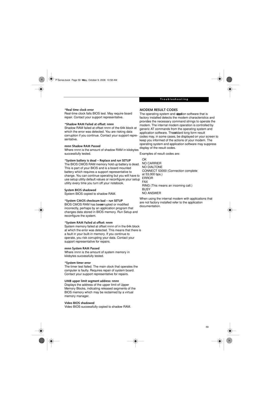 Fujitsu P1610 manual Modem Result Codes 