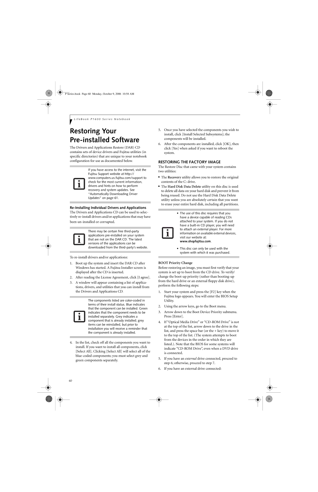 Fujitsu P1610 manual Restoring the Factory Image, Re-Installing Individual Drivers and Applications, Boot Priority Change 