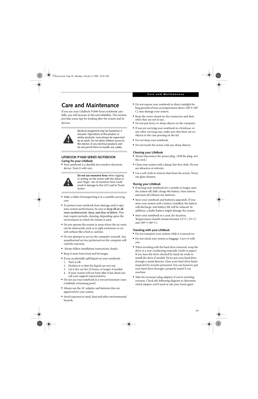 Fujitsu P1610 manual Care and Maintenance, Lifebook P1600 Series Notebook 