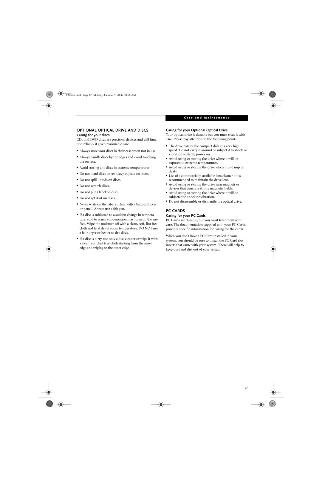 Fujitsu P1610 Optional Optical Drive and Discs, PC Cards, Caring for your discs, Caring for your Optional Optical Drive 