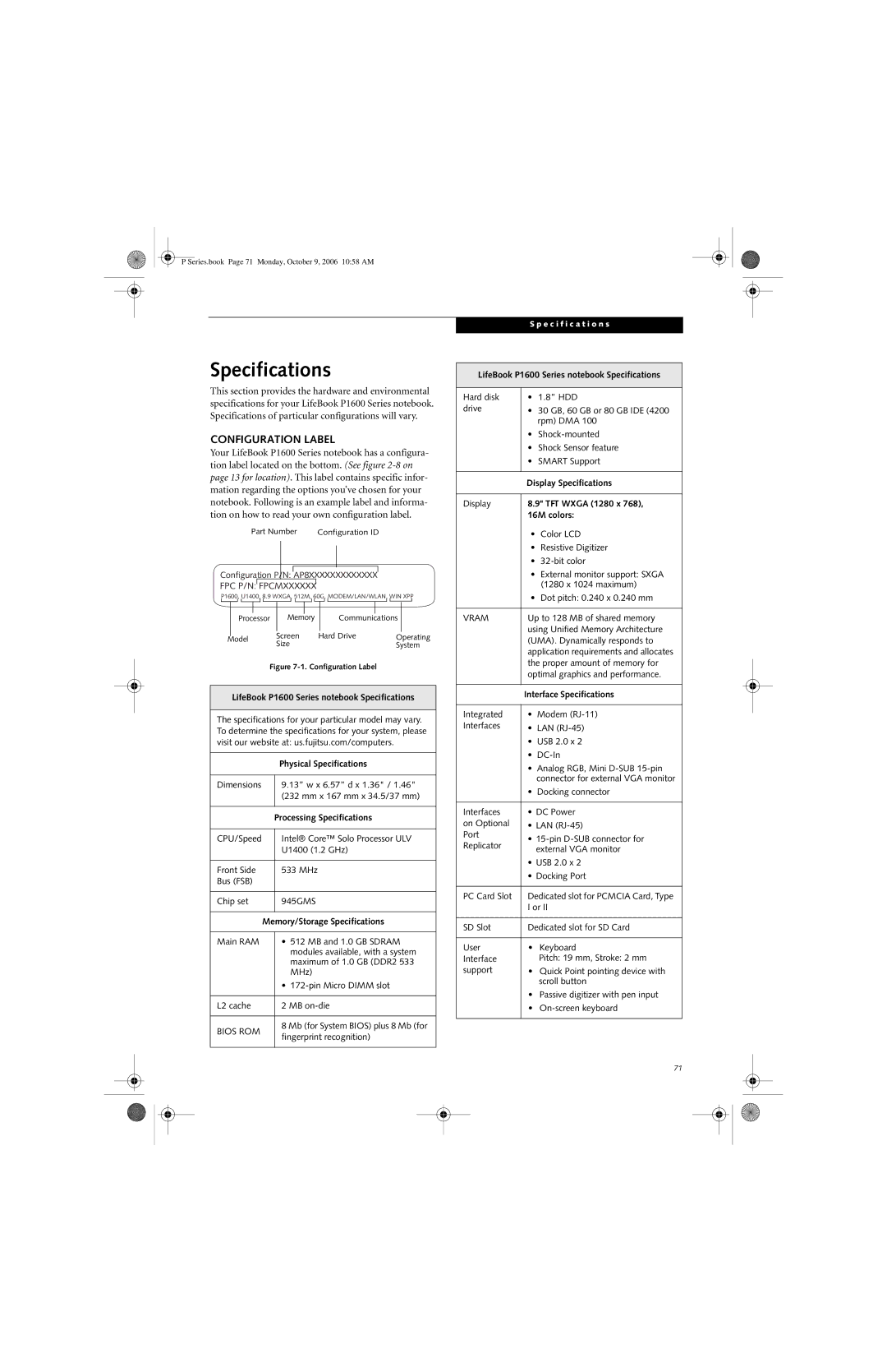 Fujitsu P1610 manual Specifications, Configuration Label 