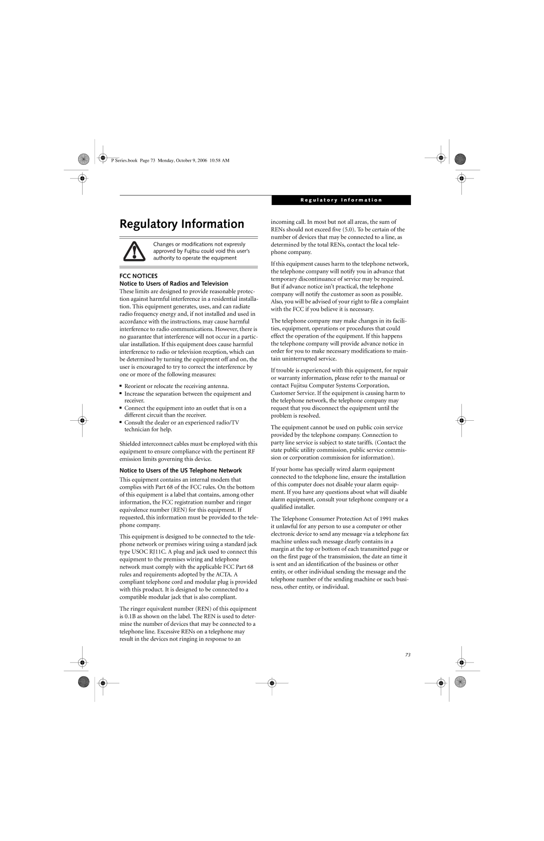 Fujitsu P1610 manual Regulatory Information, FCC Notices 