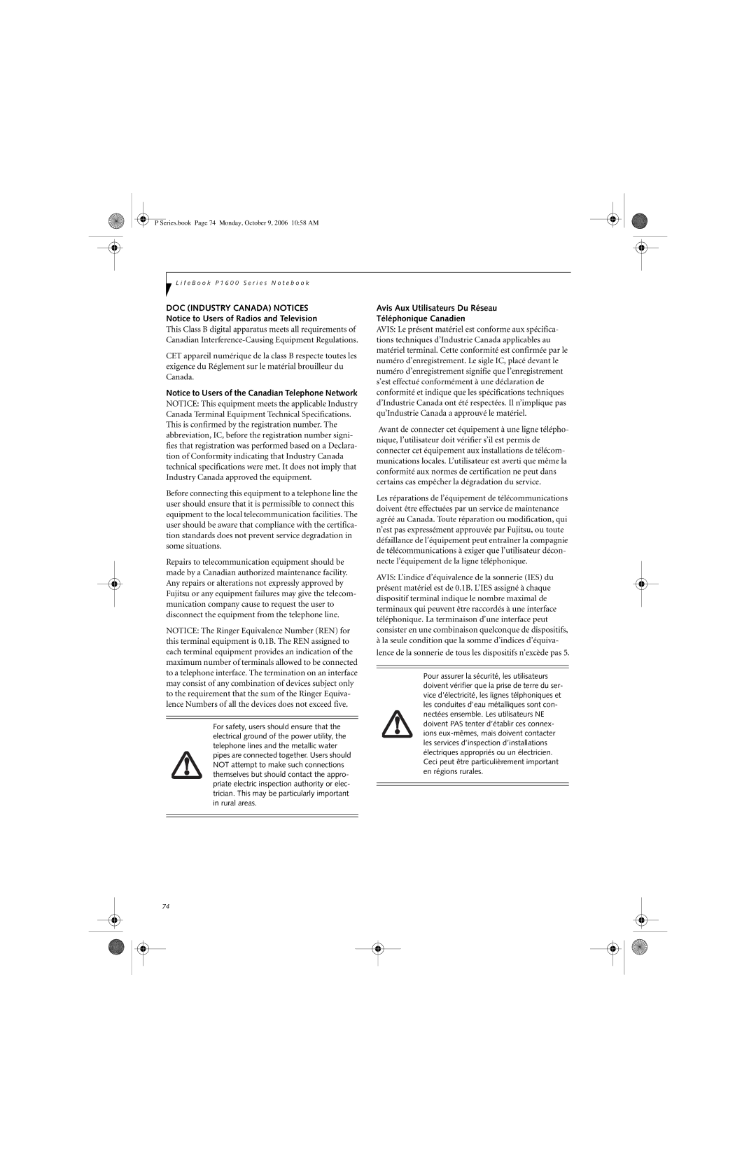 Fujitsu P1610 manual Avis Aux Utilisateurs Du Réseau Téléphonique Canadien 