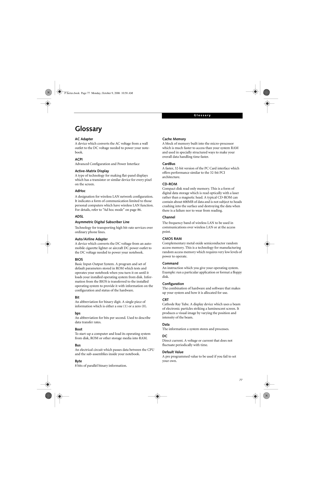 Fujitsu P1610 manual Glossary 