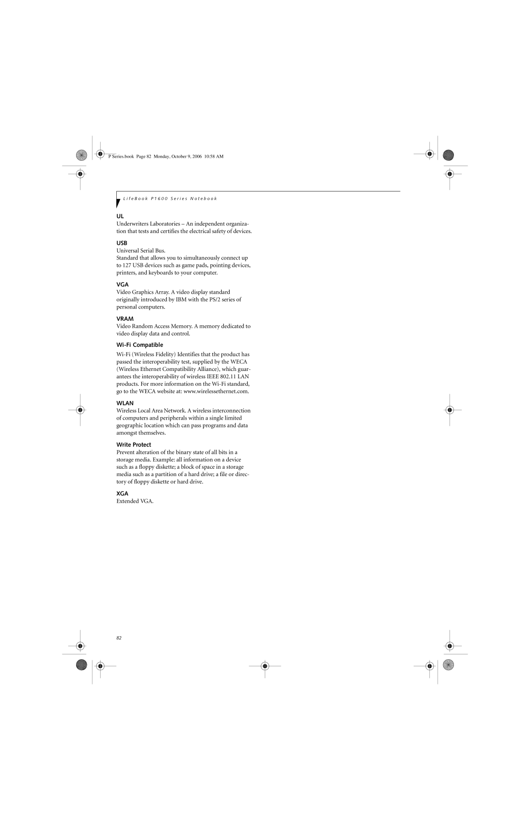 Fujitsu P1610 manual Wi-Fi Compatible, Write Protect, Extended VGA 