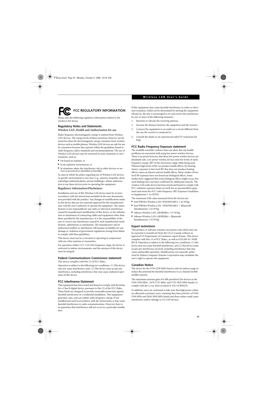 Fujitsu P1610 manual FCC Regulatory Information 