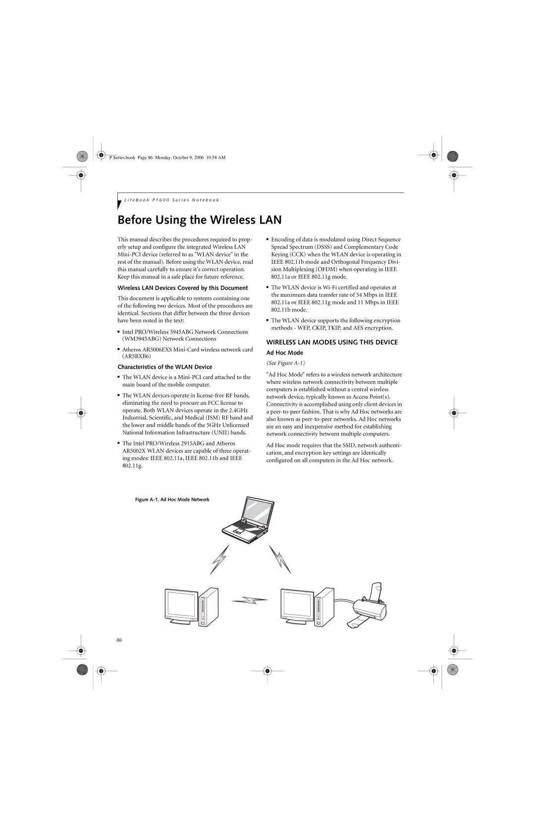 Fujitsu P1610 Before Using the Wireless LAN, Wireless LAN Modes Using this Device, Characteristics of the Wlan Device 