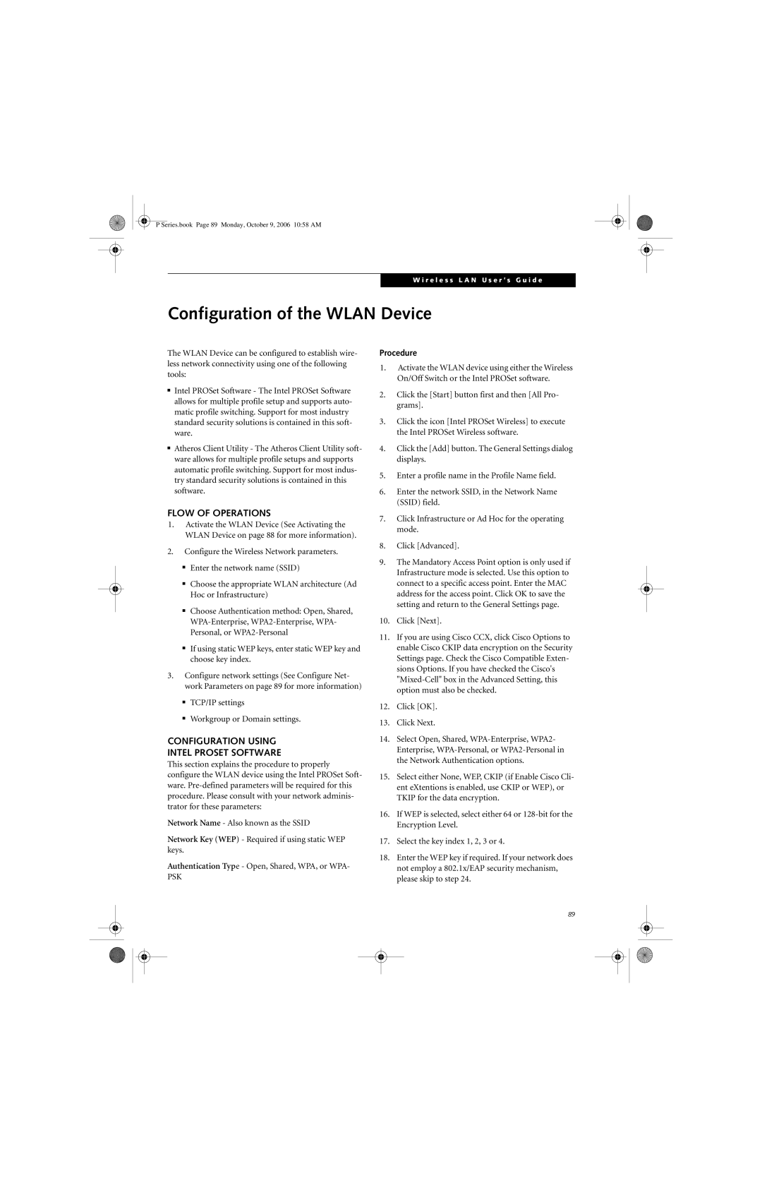 Fujitsu P1610 Configuration of the Wlan Device, Flow of Operations, Configuration Using Intel Proset Software, Procedure 