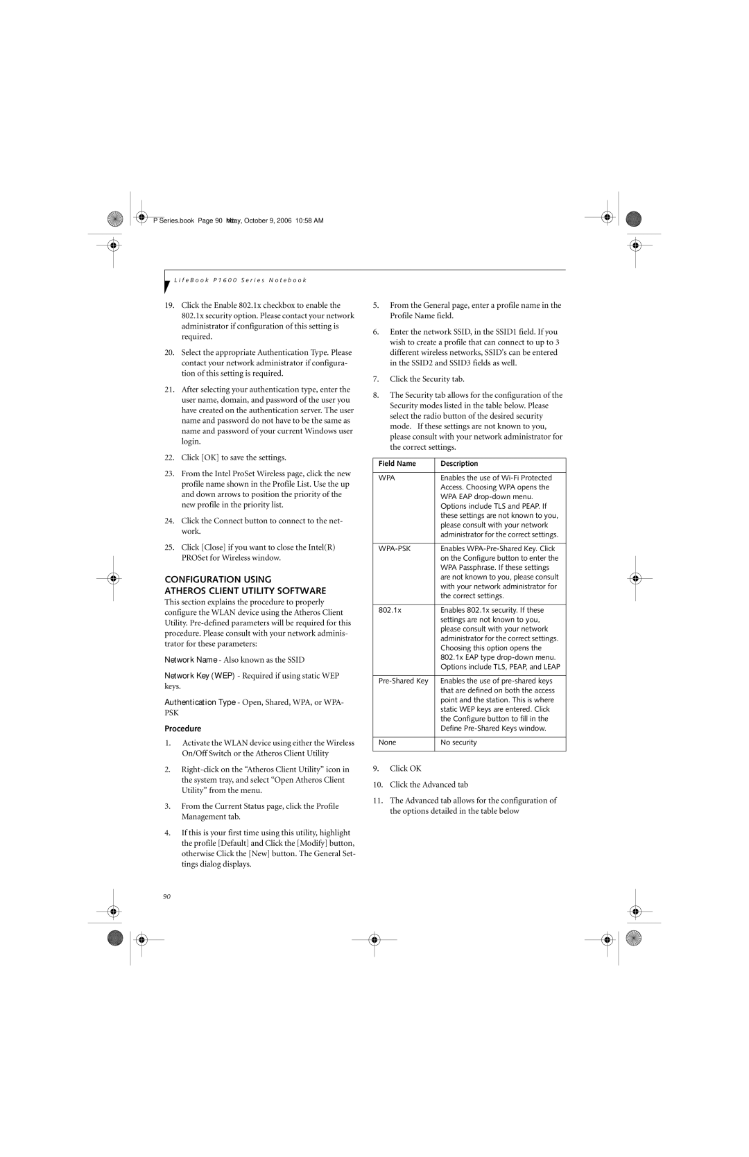 Fujitsu P1610 manual Configuration Using Atheros Client Utility Software, Field Name Description 