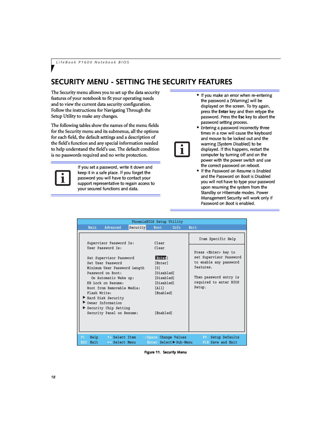 Fujitsu P1620 manual Security Menu - Setting The Security Features, Advanced 