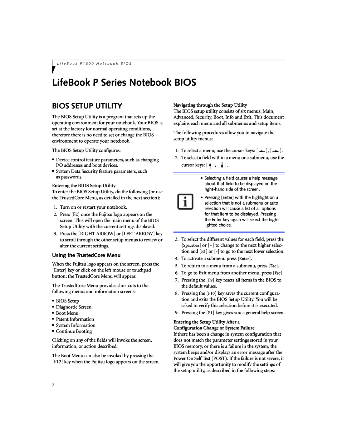 Fujitsu P1620 manual Bios Setup Utility, Using the TrustedCore Menu, LifeBook P Series Notebook BIOS 