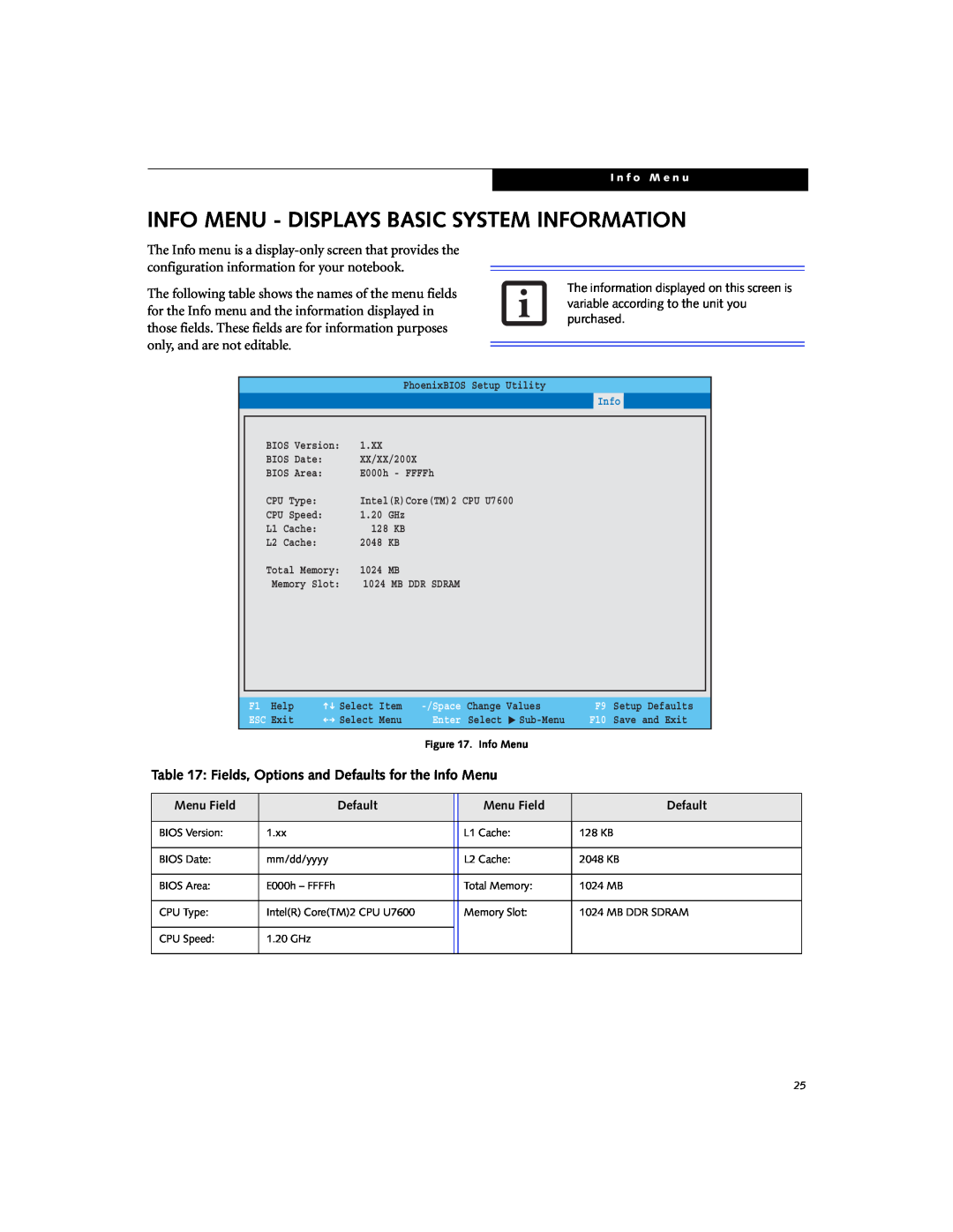 Fujitsu P1620 manual Info Menu - Displays Basic System Information, Fields, Options and Defaults for the Info Menu 