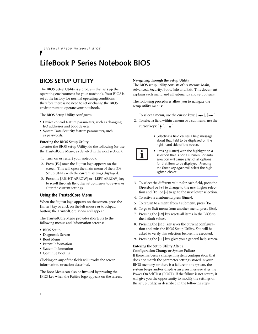 Fujitsu P1620 manual Bios Setup Utility, Using the TrustedCore Menu 