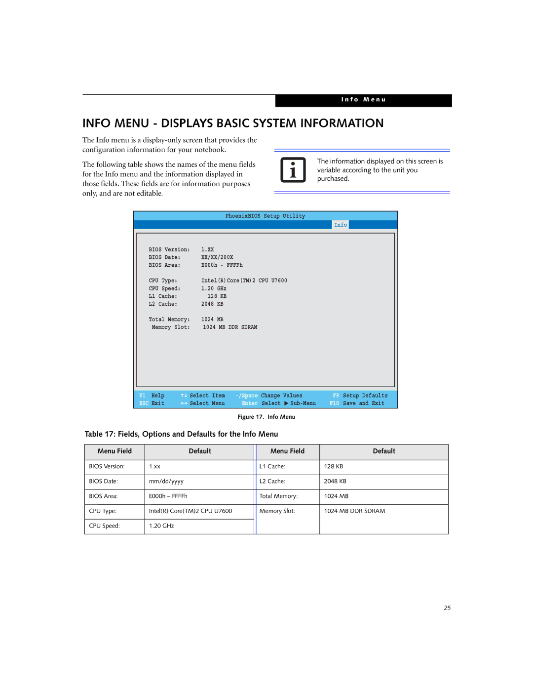 Fujitsu P1620 manual Info Menu Displays Basic System Information, Fields, Options and Defaults for the Info Menu 