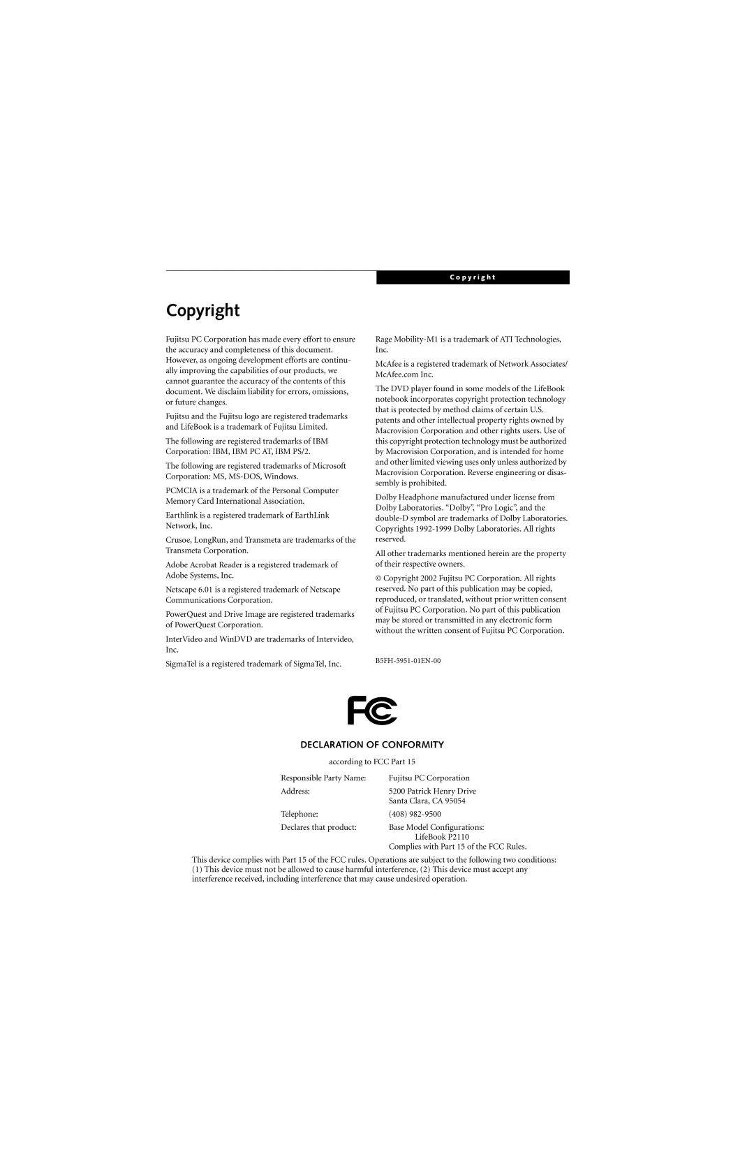 Fujitsu P2000 manual Copyright, Declaration of Conformity 