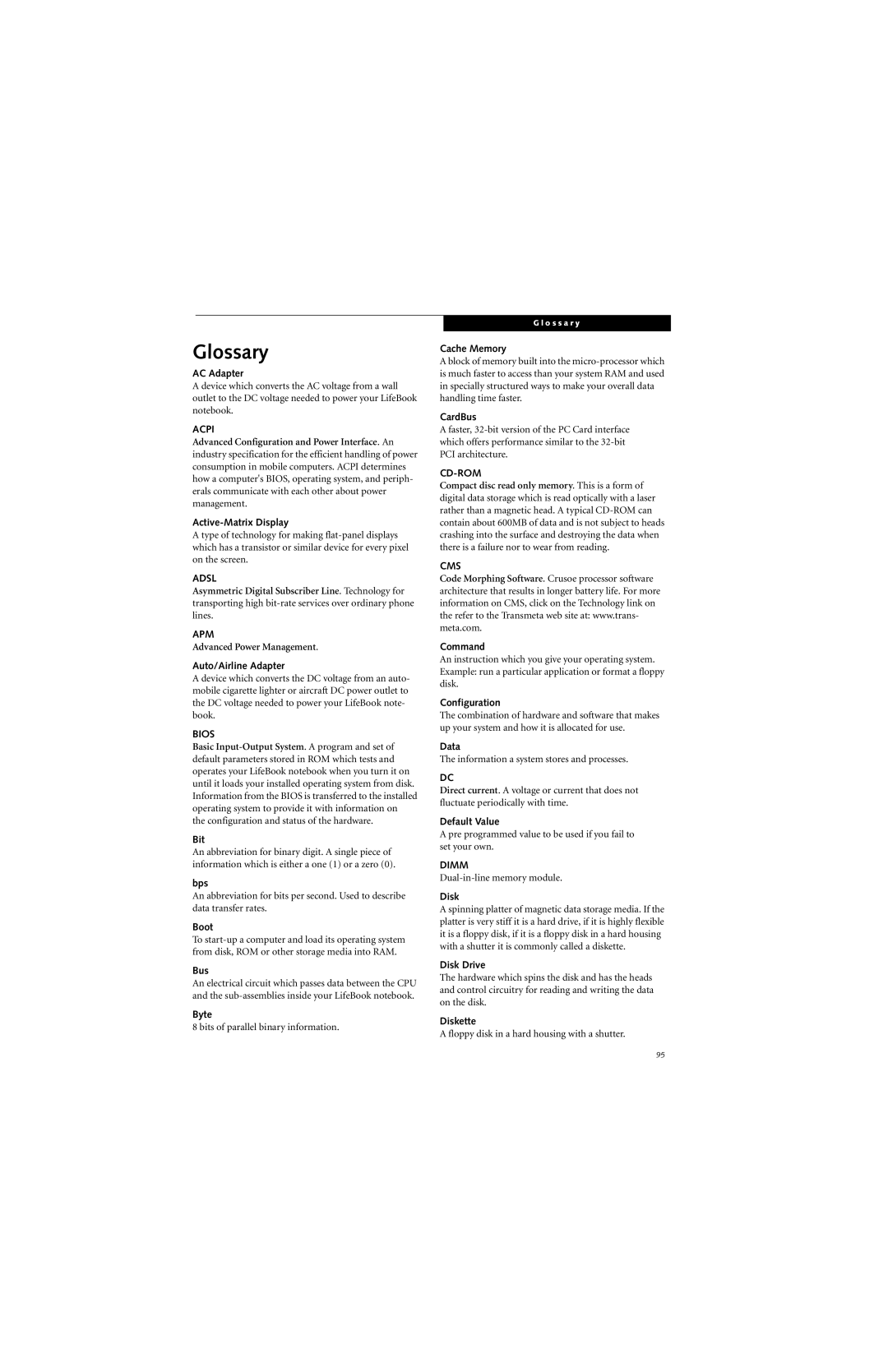 Fujitsu P2000 manual Glossary 