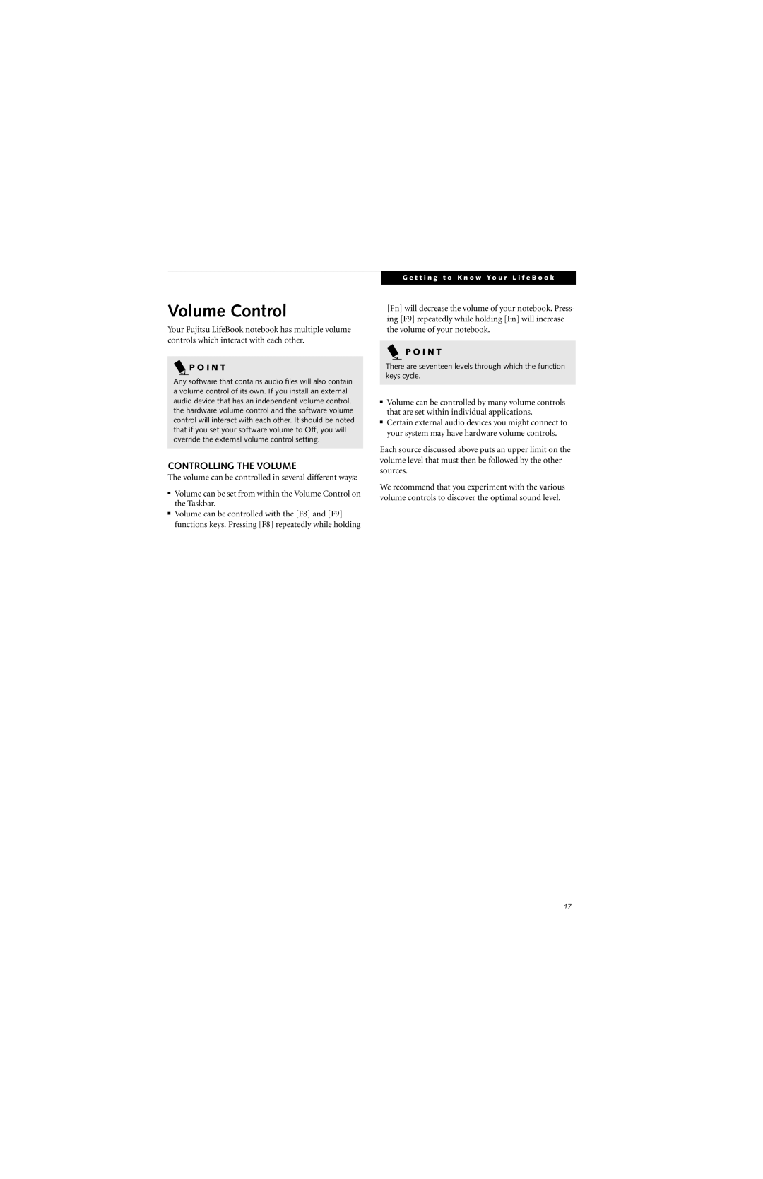 Fujitsu P2000 manual Volume Control, Controlling the Volume 