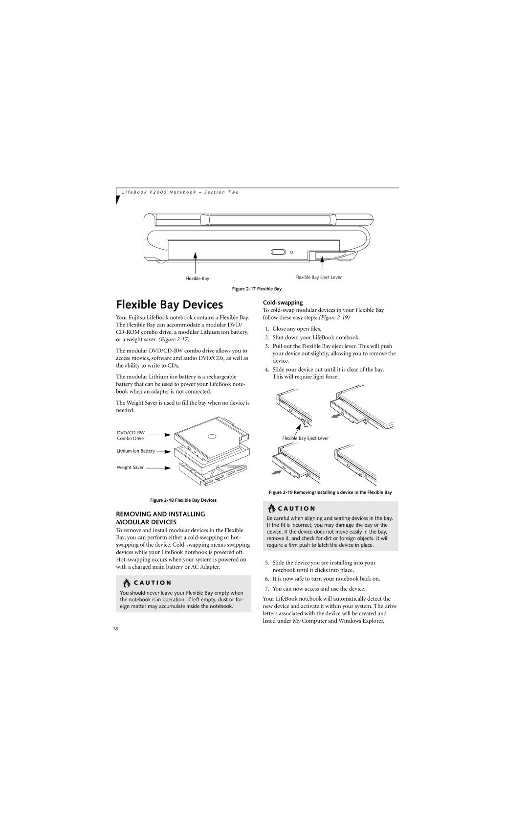 Fujitsu P2000 manual Flexible Bay Devices, Removing and Installing Modular Devices, Cold-swapping 