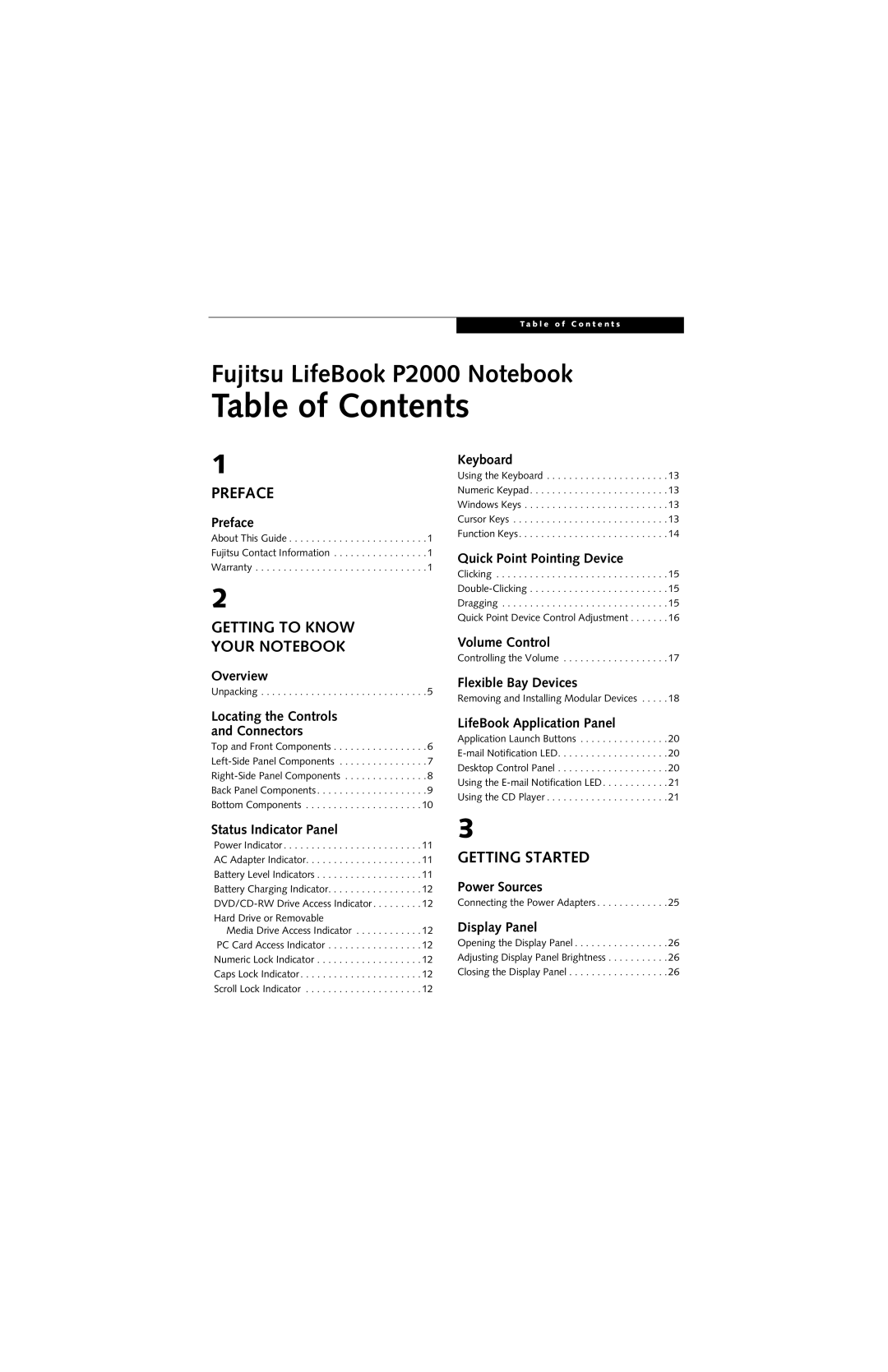 Fujitsu P2000 manual Table of Contents 