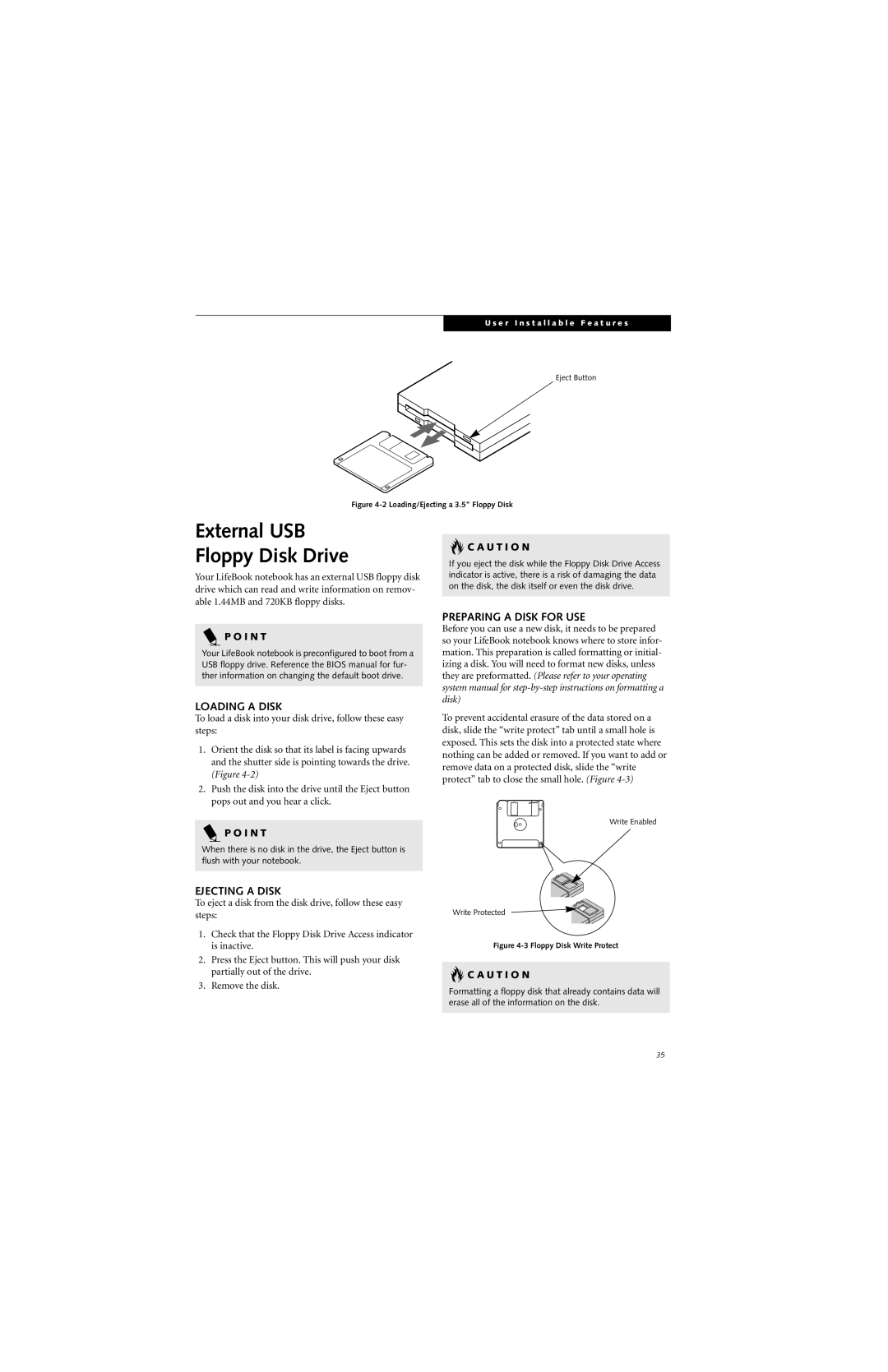 Fujitsu P2000 manual External USB Floppy Disk Drive, Loading a Disk, Ejecting a Disk, Preparing a Disk for USE 