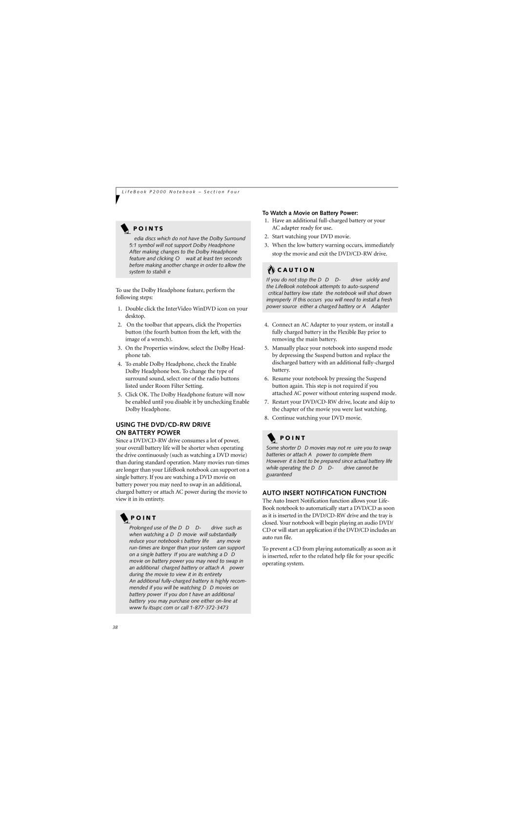 Fujitsu P2000 manual Using the DVD/CD-RW Drive On Battery Power, Auto Insert Notification Function 