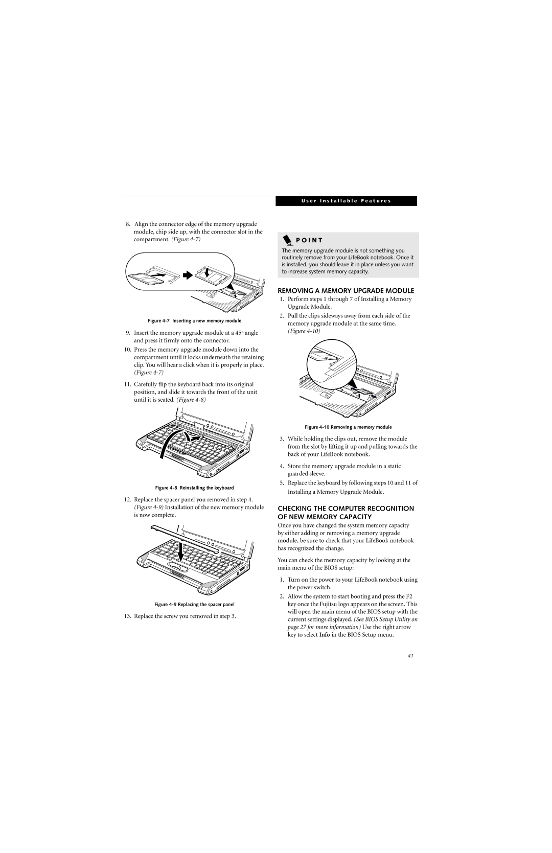 Fujitsu P2000 manual Removing a Memory Upgrade Module, Checking the Computer Recognition of NEW Memory Capacity 