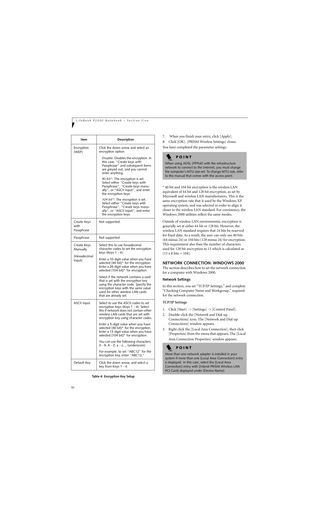 Fujitsu P2000 manual Network Connection Windows, Network Settings, TCP/IP Settings 