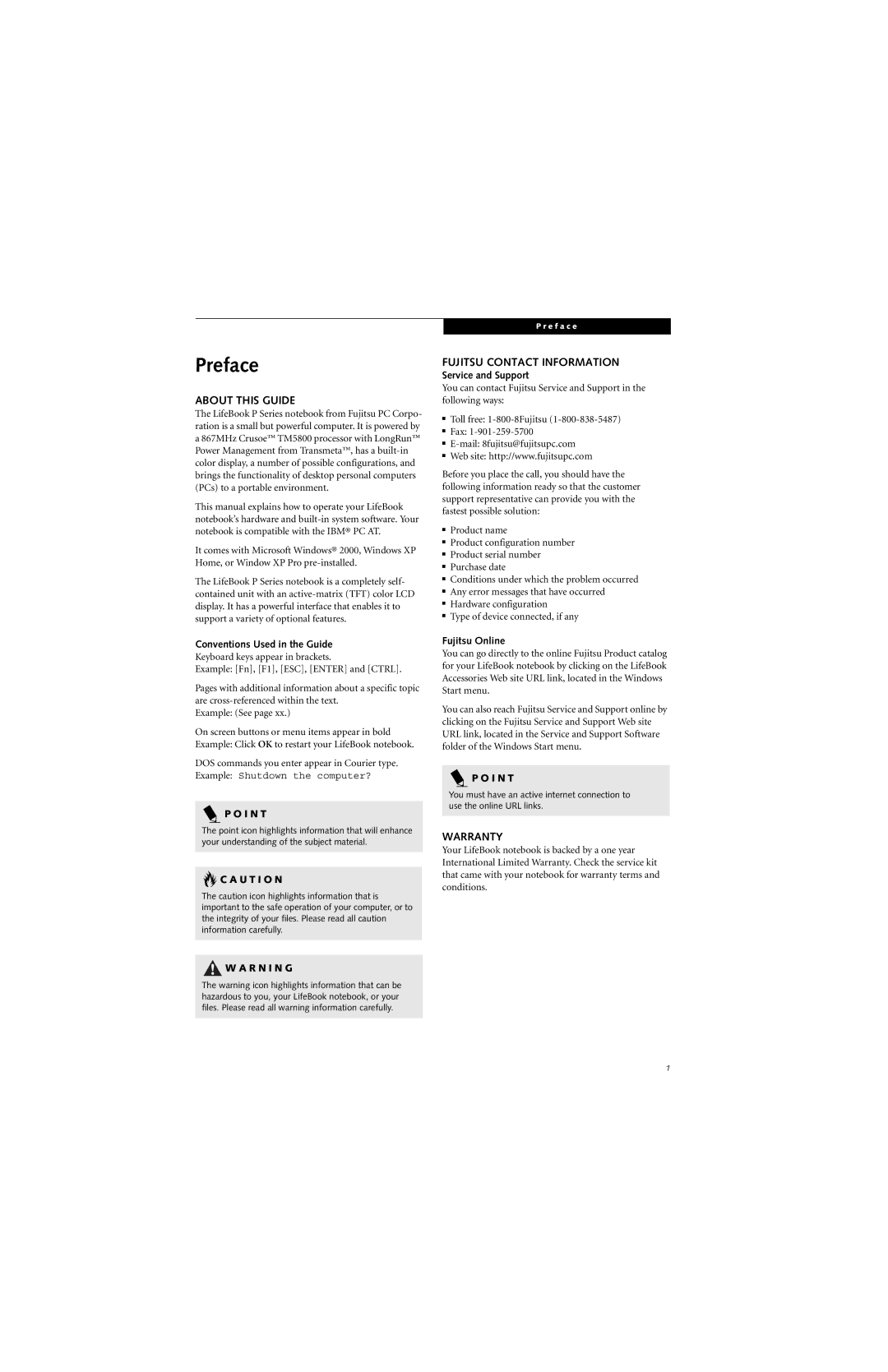 Fujitsu P2000 manual Preface, About this Guide, Fujitsu Contact Information, Warranty 