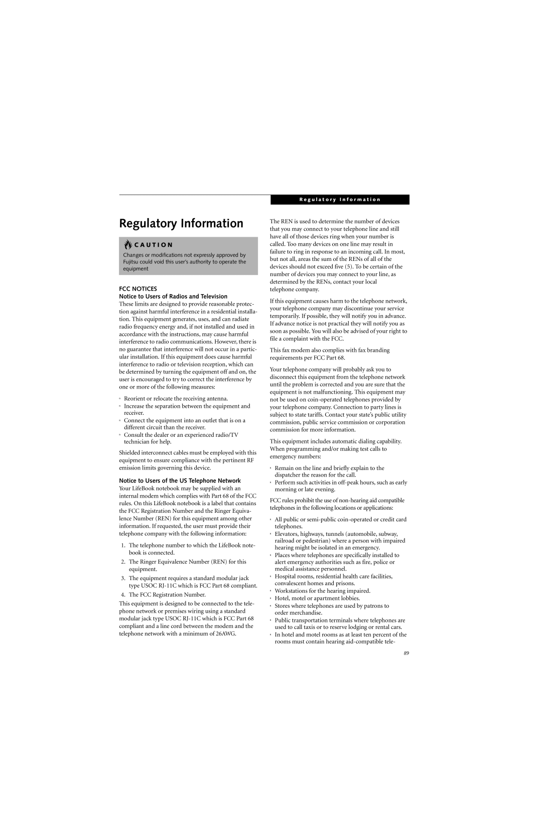 Fujitsu P2000 manual Regulatory Information, FCC Notices 