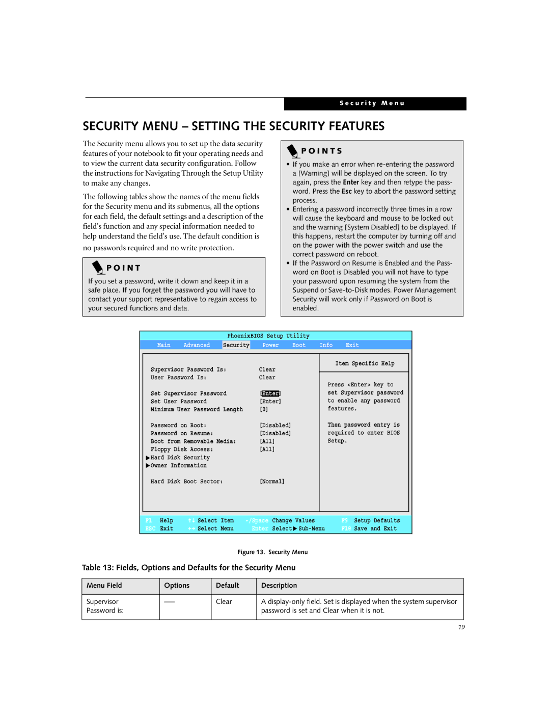 Fujitsu P2110 manual Security Menu Setting the Security Features, Fields, Options and Defaults for the Security Menu 