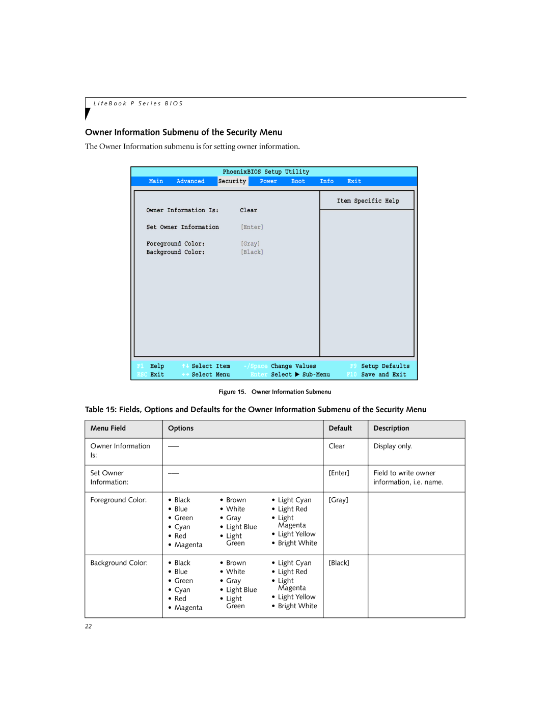 Fujitsu P2110 manual Owner Information Submenu of the Security Menu, Main Advanced Security Power Boot Info Exit 