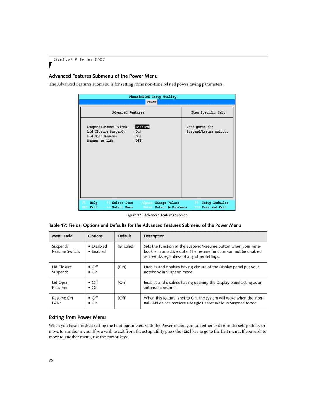 Fujitsu P2110 manual Advanced Features Submenu of the Power Menu, Exiting from Power Menu 