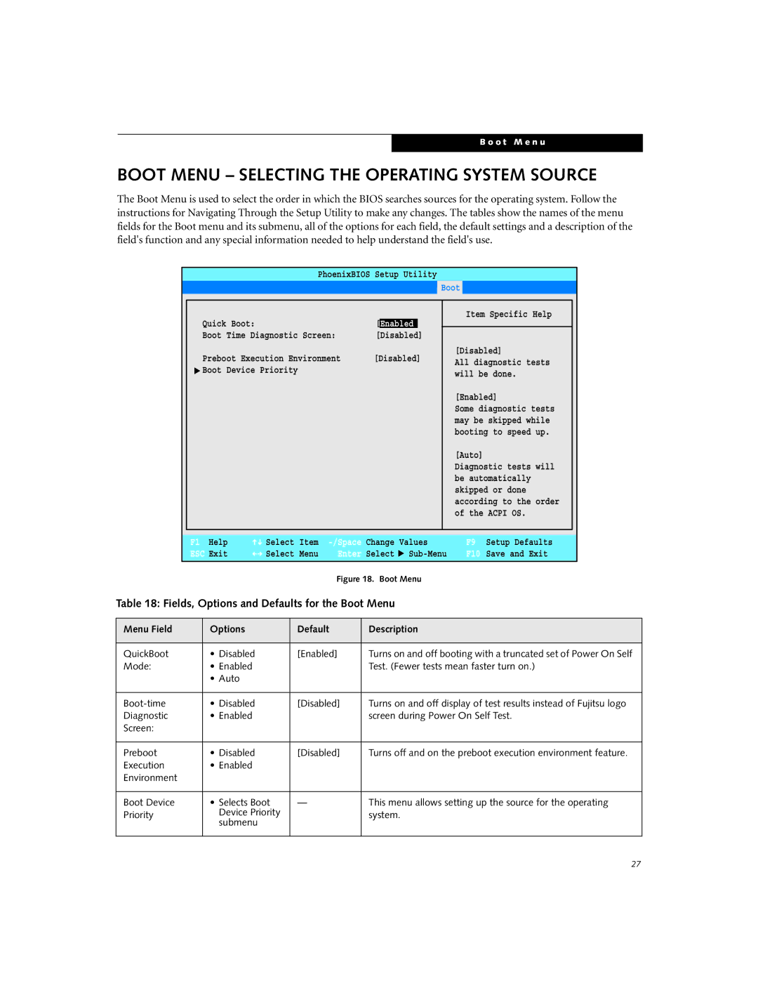 Fujitsu P2110 manual Boot Menu Selecting the Operating System Source, Fields, Options and Defaults for the Boot Menu 