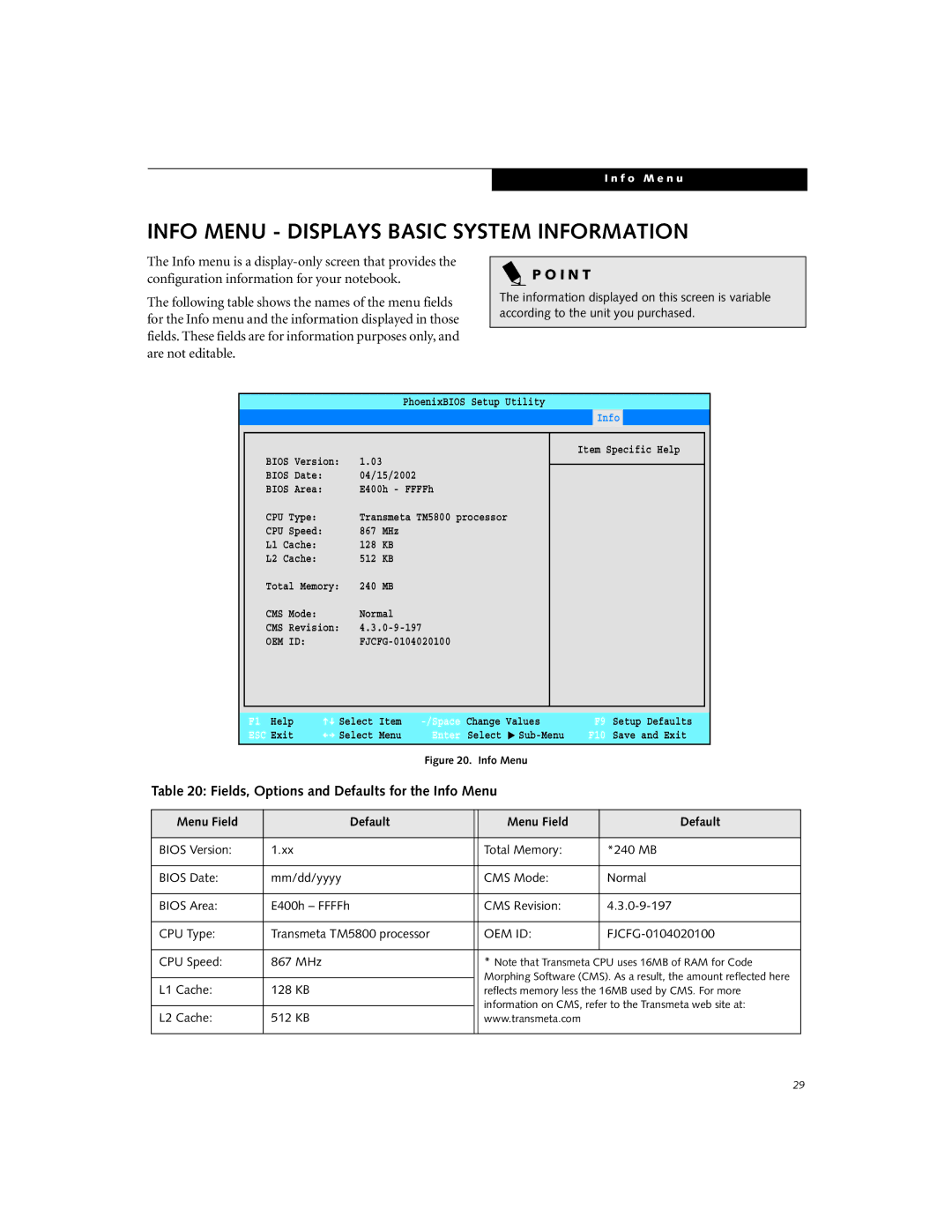 Fujitsu P2110 manual Info Menu Displays Basic System Information, Fields, Options and Defaults for the Info Menu 