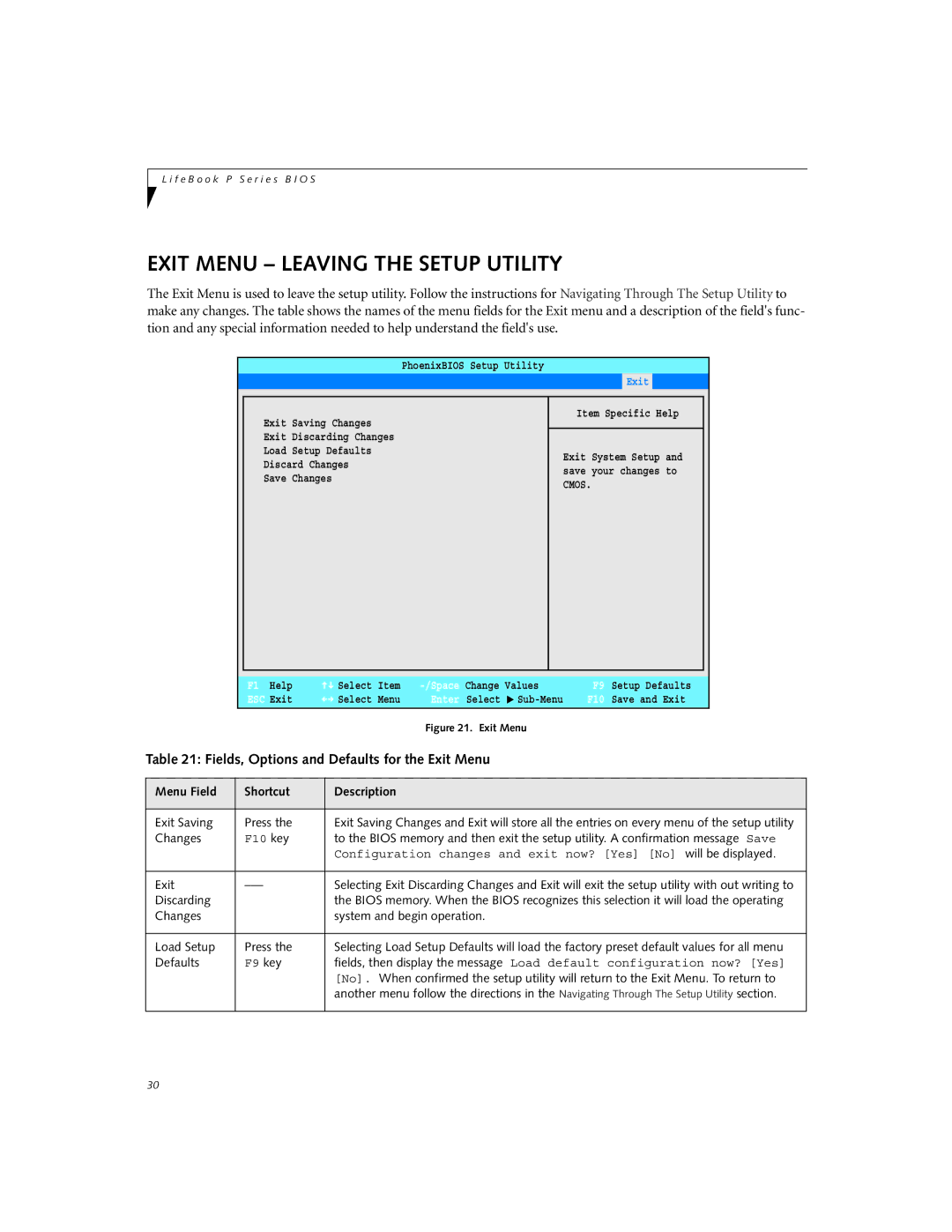 Fujitsu P2110 manual Exit Menu Leaving the Setup Utility, Fields, Options and Defaults for the Exit Menu 