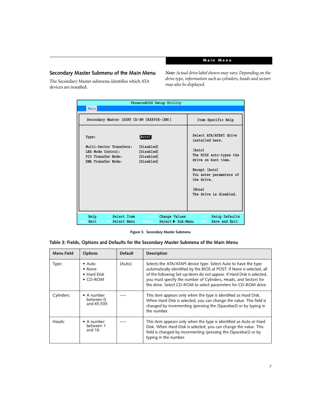 Fujitsu P2110 manual Secondary Master Submenu of the Main Menu, Auto 