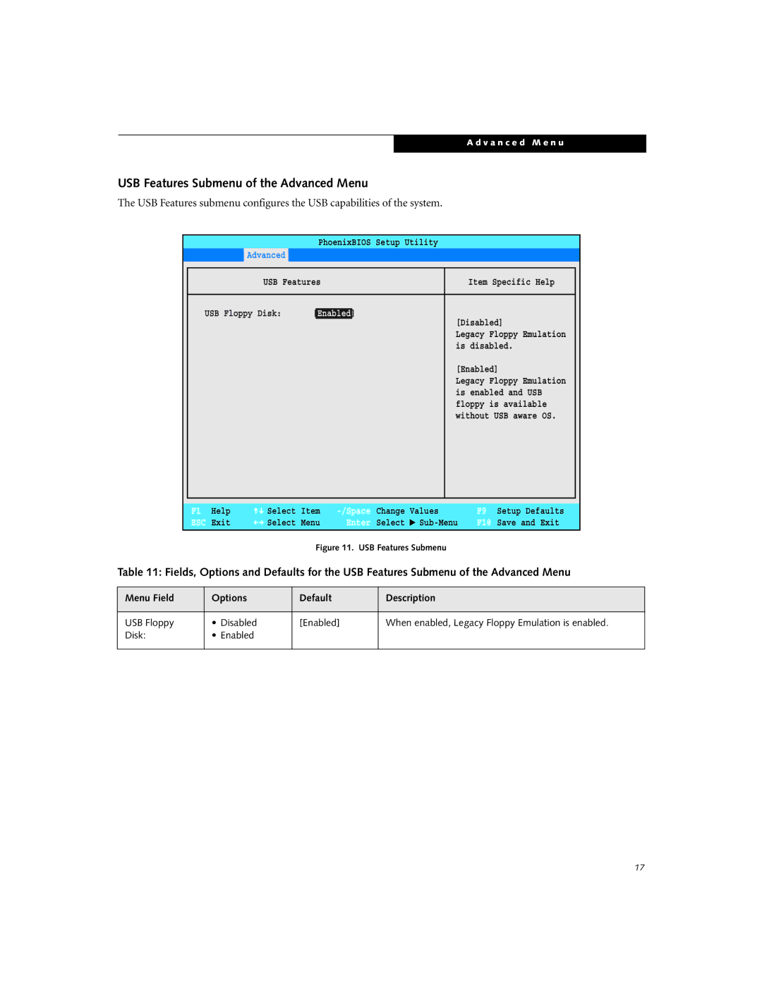 Fujitsu P2120 manual USB Features Submenu of the Advanced Menu 